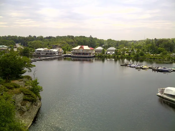 The waterfront buildings and docks on Muskoka Bay in Gravenhurst, Ontario.
