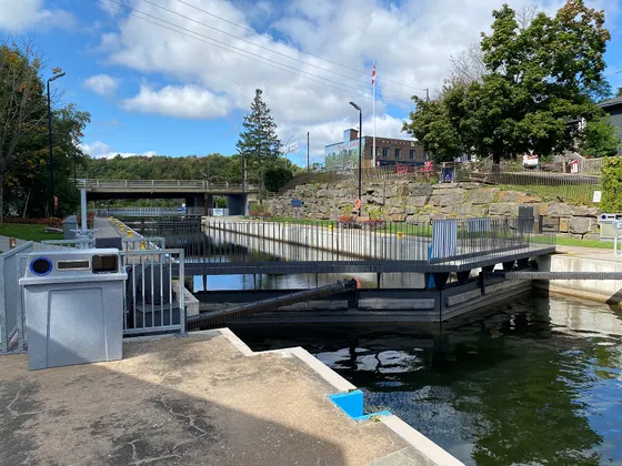 The boat locks and the village waterfront in Port Carling, Ontario.