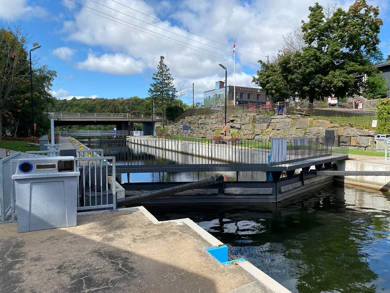 The boat locks and the village waterfront in Port Carling, Ontario.