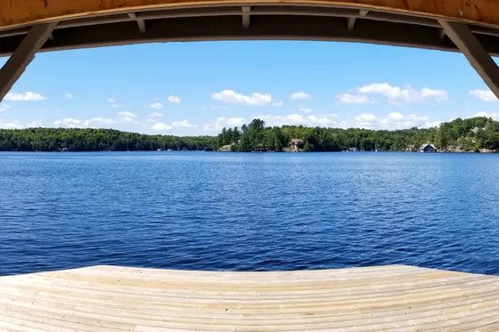 Lake Rosseau, Muskoka, seen from a covered dock at Rosseau Waterfront Park.